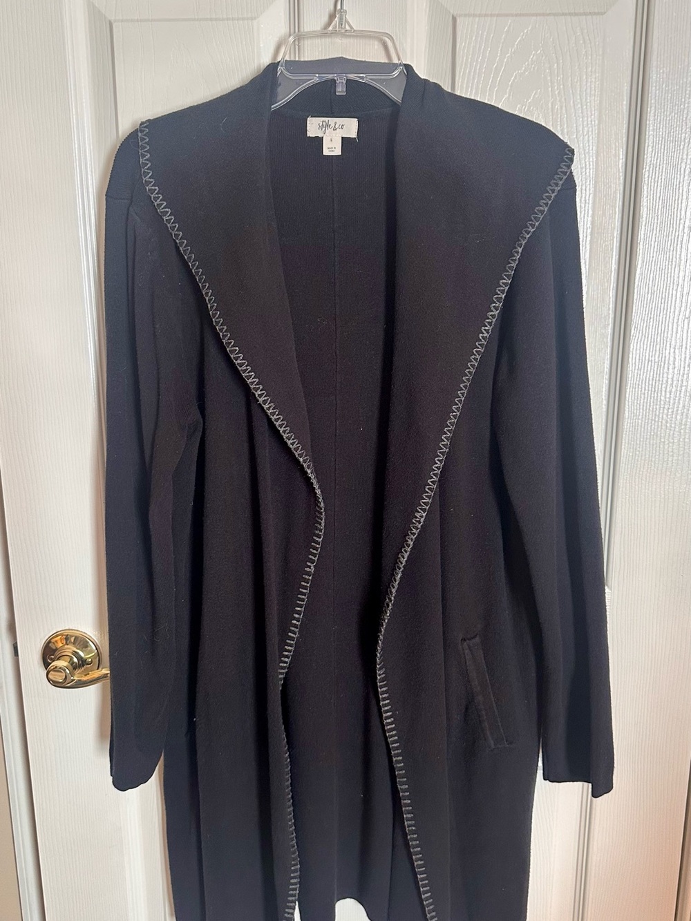 Style & Co. Black Open-Front Knit Duster with Contrast Stitch